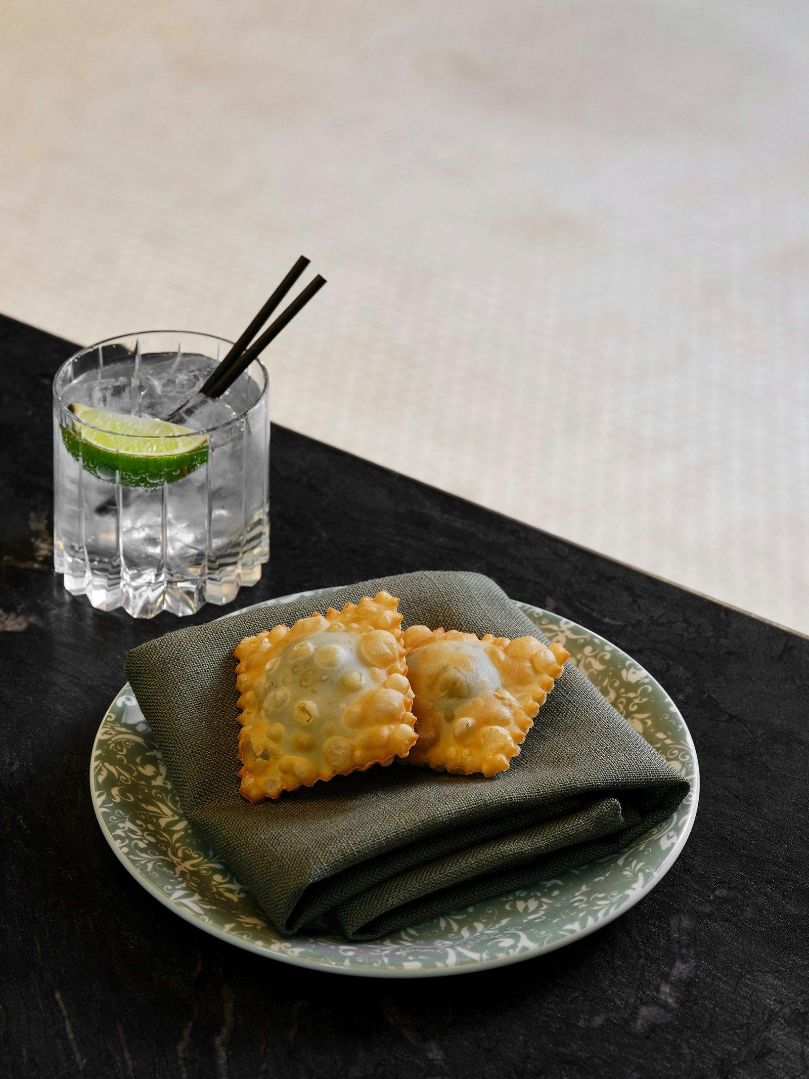 A creative dish and drink presented on a table