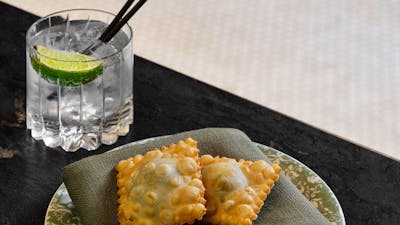 A creative dish and drink presented on a table