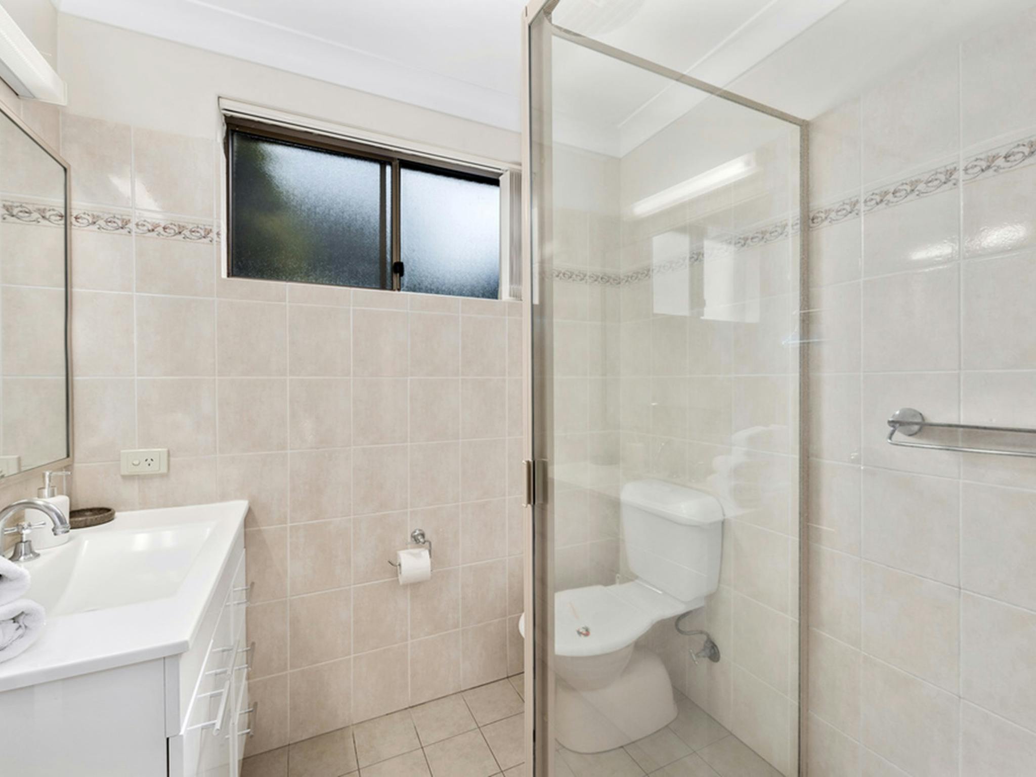 The bathroom layout in a 2 bedroom apartment at Smugglers on The Beach Coffs Harbour
