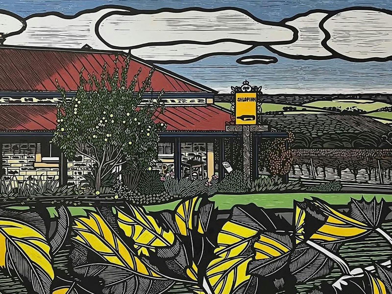 A linocut print of a building the Salopian Inn
