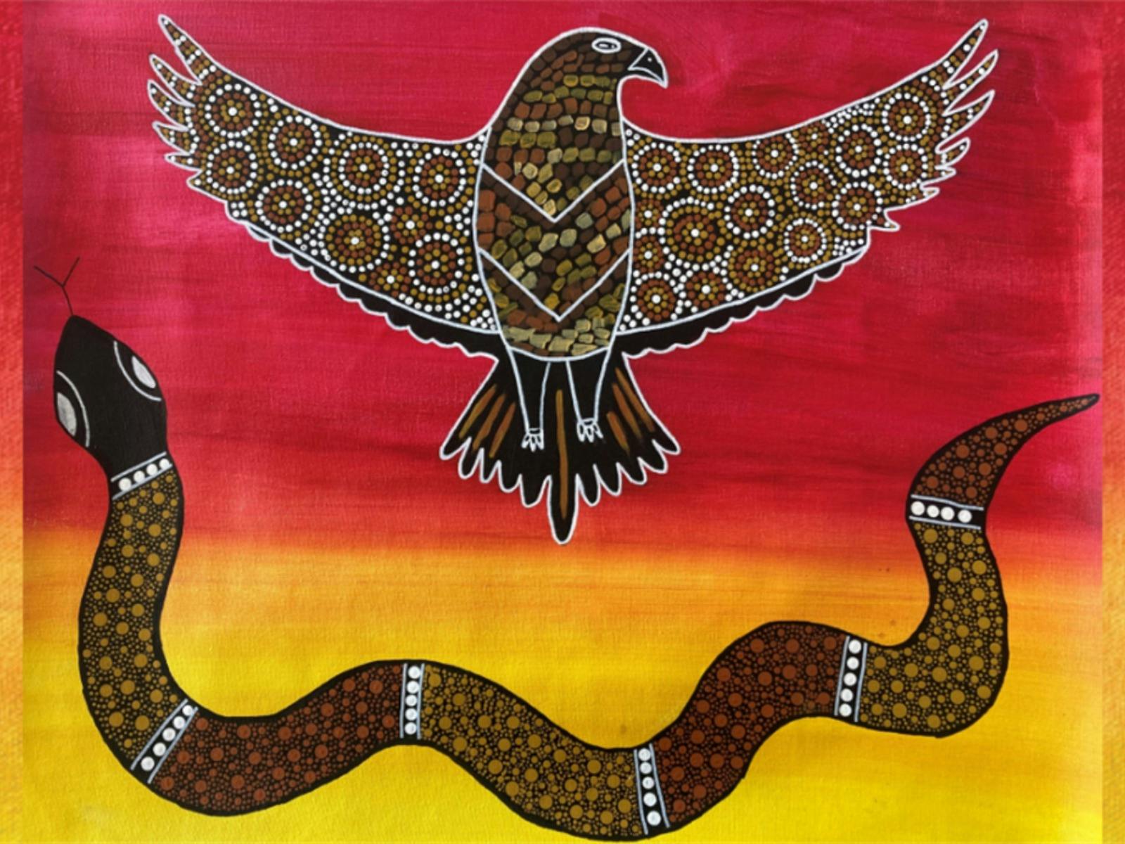 Close up image of painting with a brown and white eagle and snake on a yellow and red background