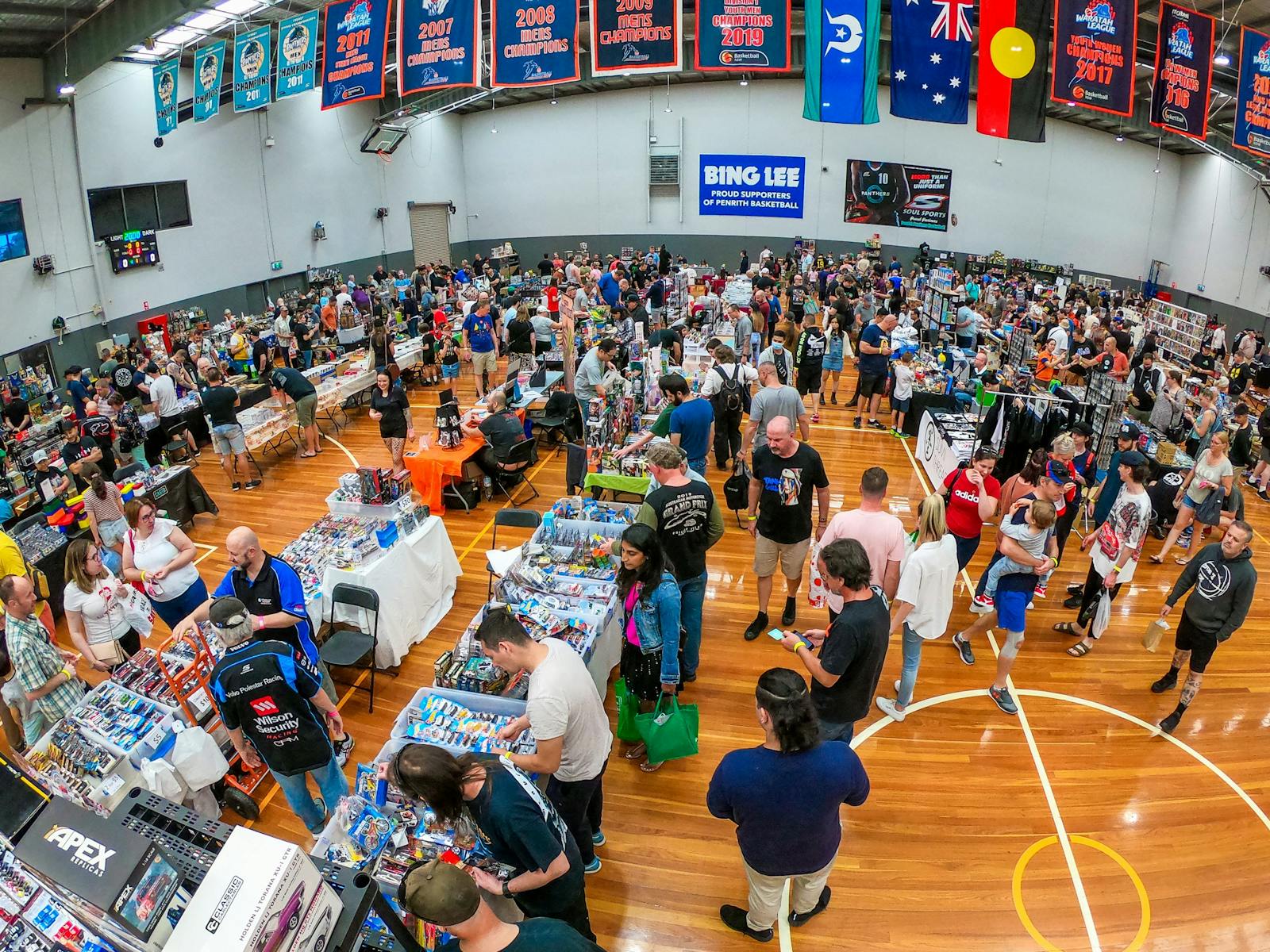 Aerial shot of Collector Con Penrith hall one showing traders and attendees