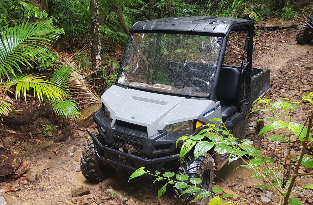 Silent electric UTV two-seater Polaris buggies are used as part of the tour