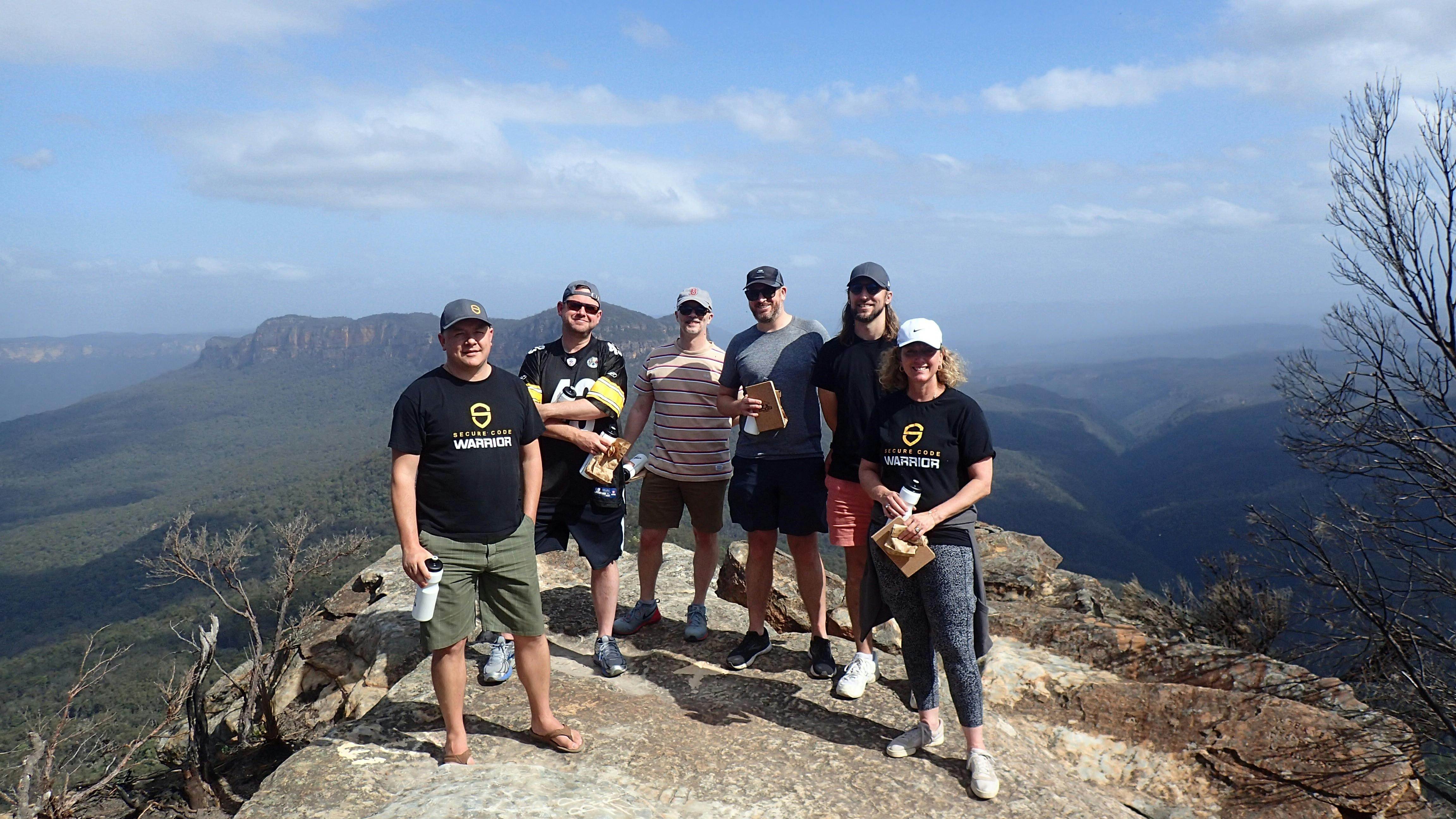 Leadership team bush walking high above the Jamison Valley, Blue Mountains