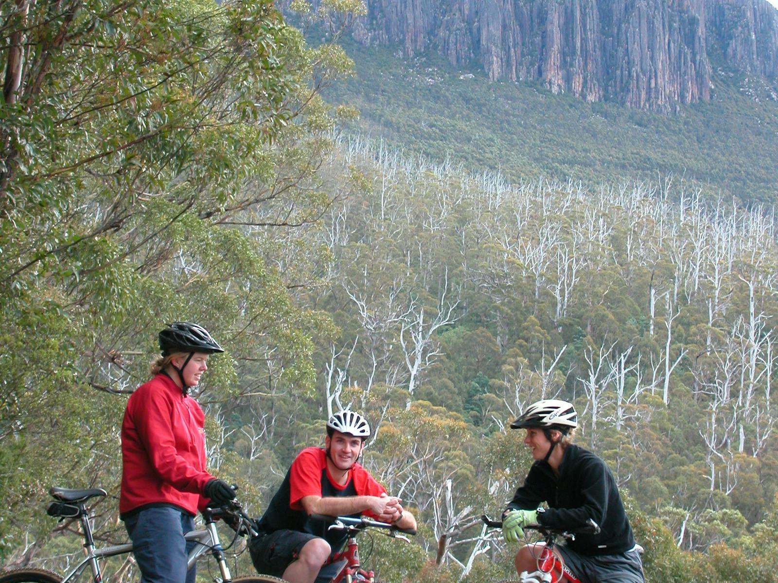 Mountain bike riders in front of kunanyi / Mount Wellington in Wellington Park