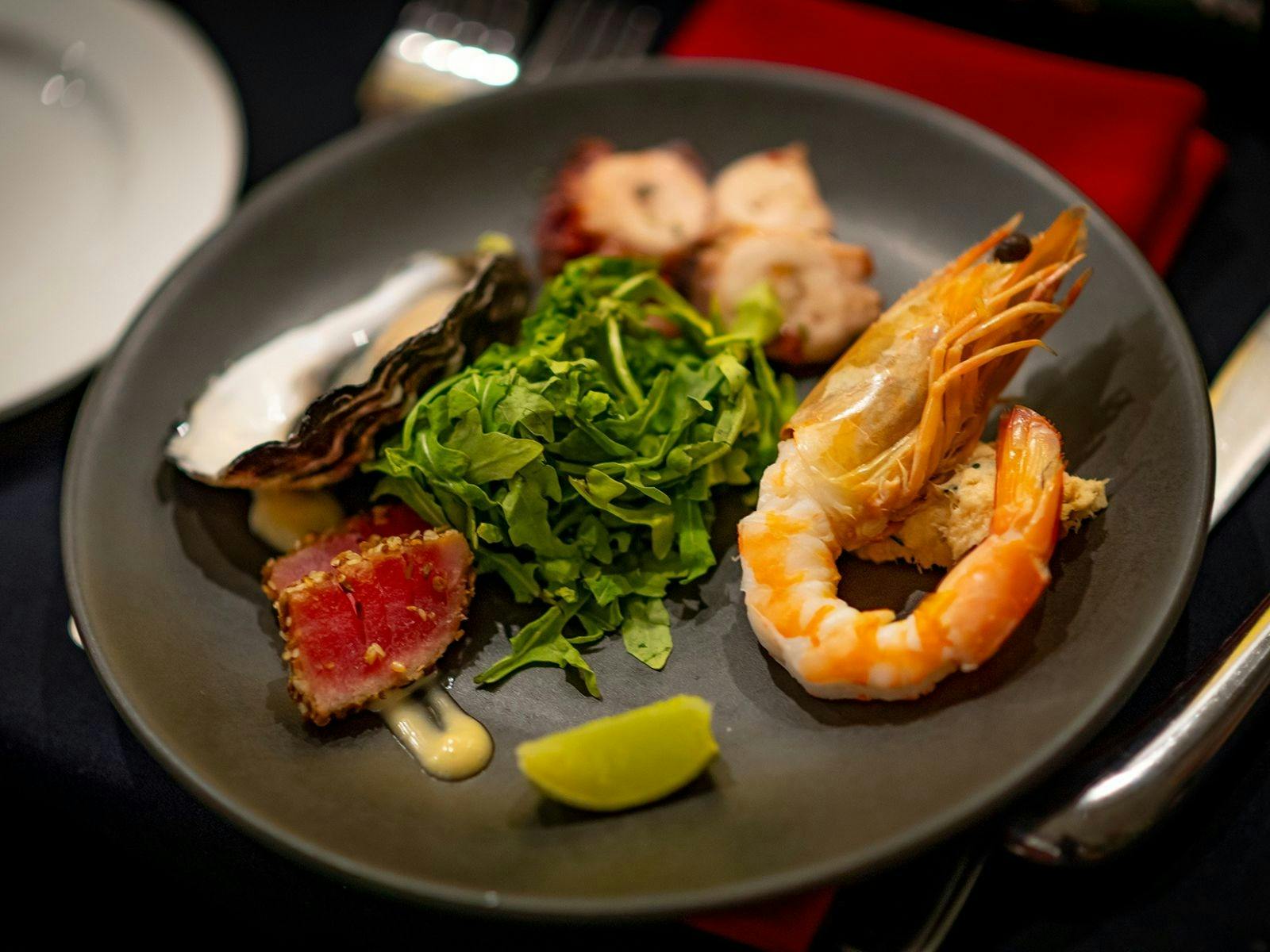 Plated meal entree seafood prawn