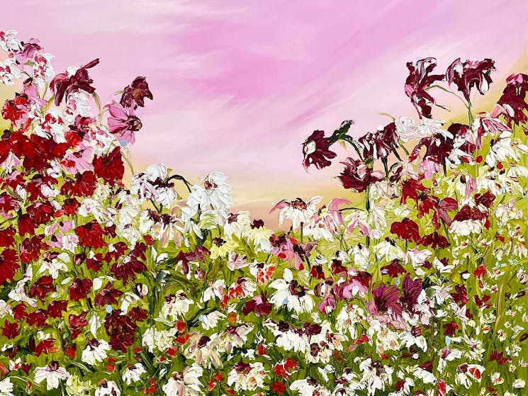 Thick oil painting of a garden of flowers
