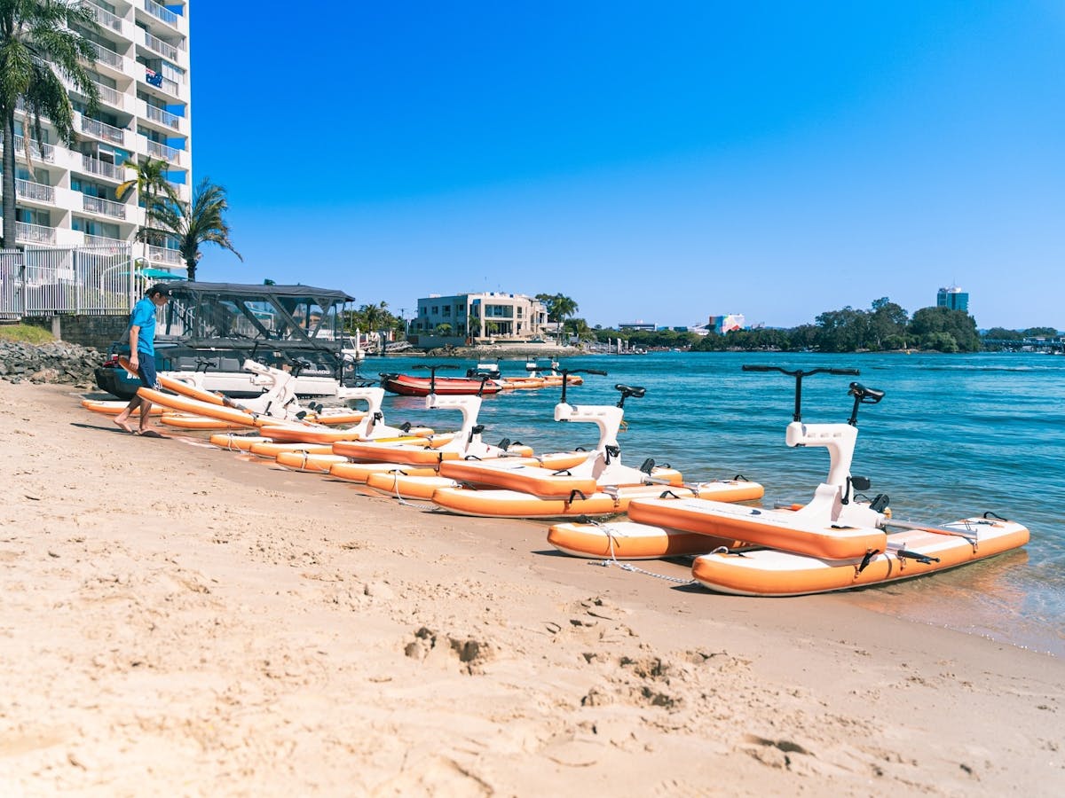 Waterbikes lined up on the beach pre-tour