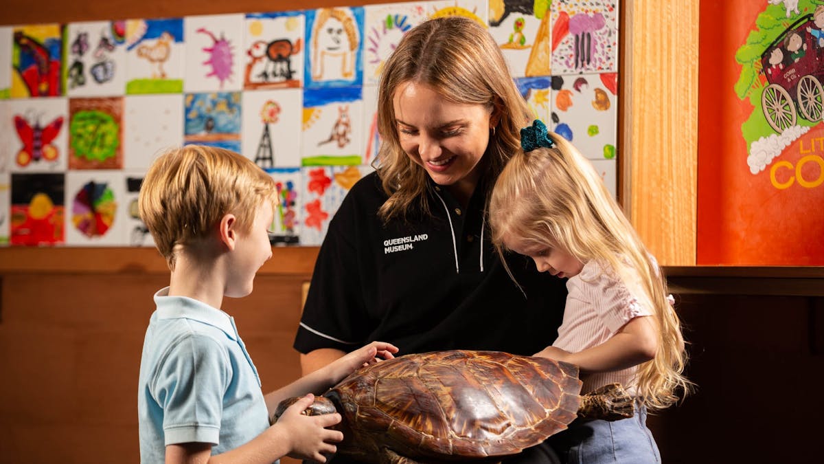 Museum staff member showing small children a turtle specimen