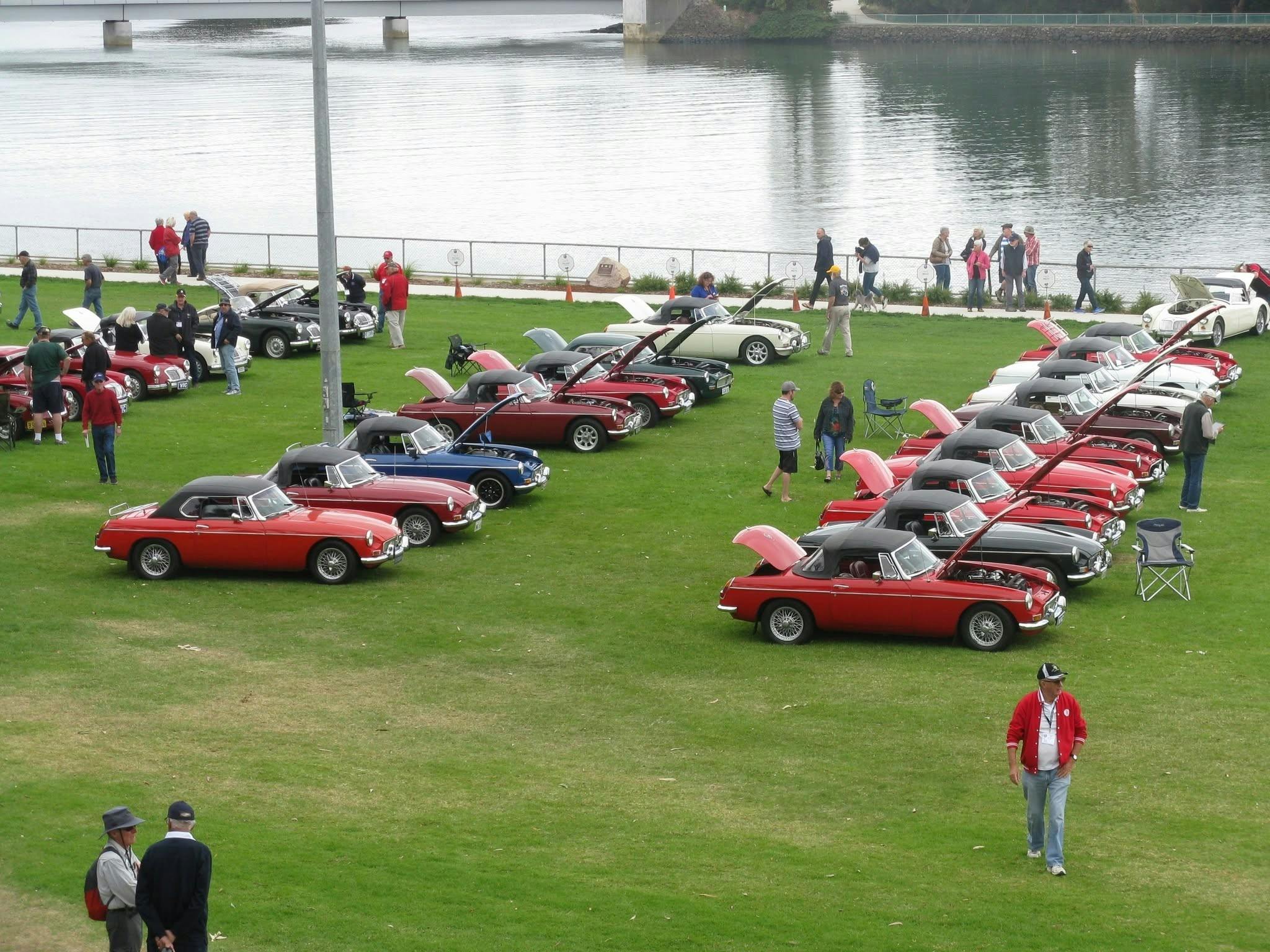 Rows of red MG cars on a grassy park