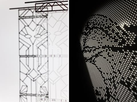 An intricately worked clear glass panel, alongside a perforated metal panel