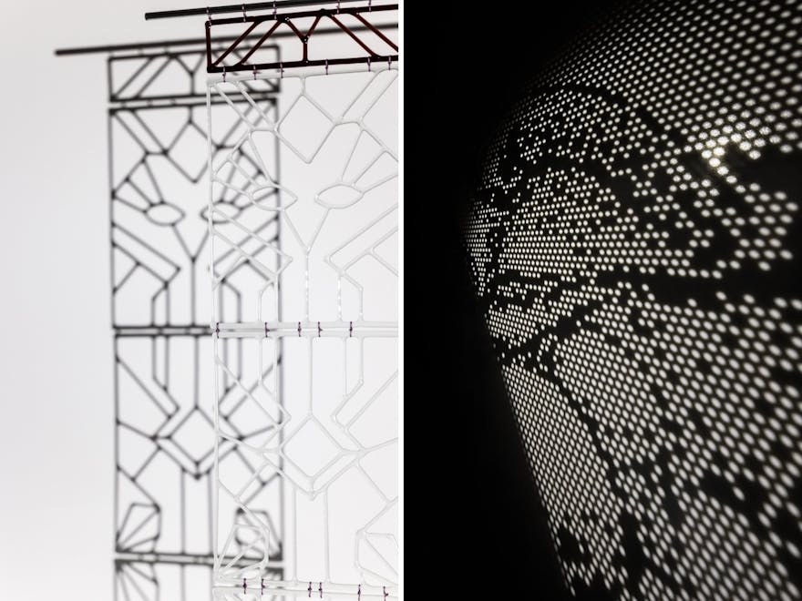 An intricately worked clear glass panel, alongside a perforated metal panel