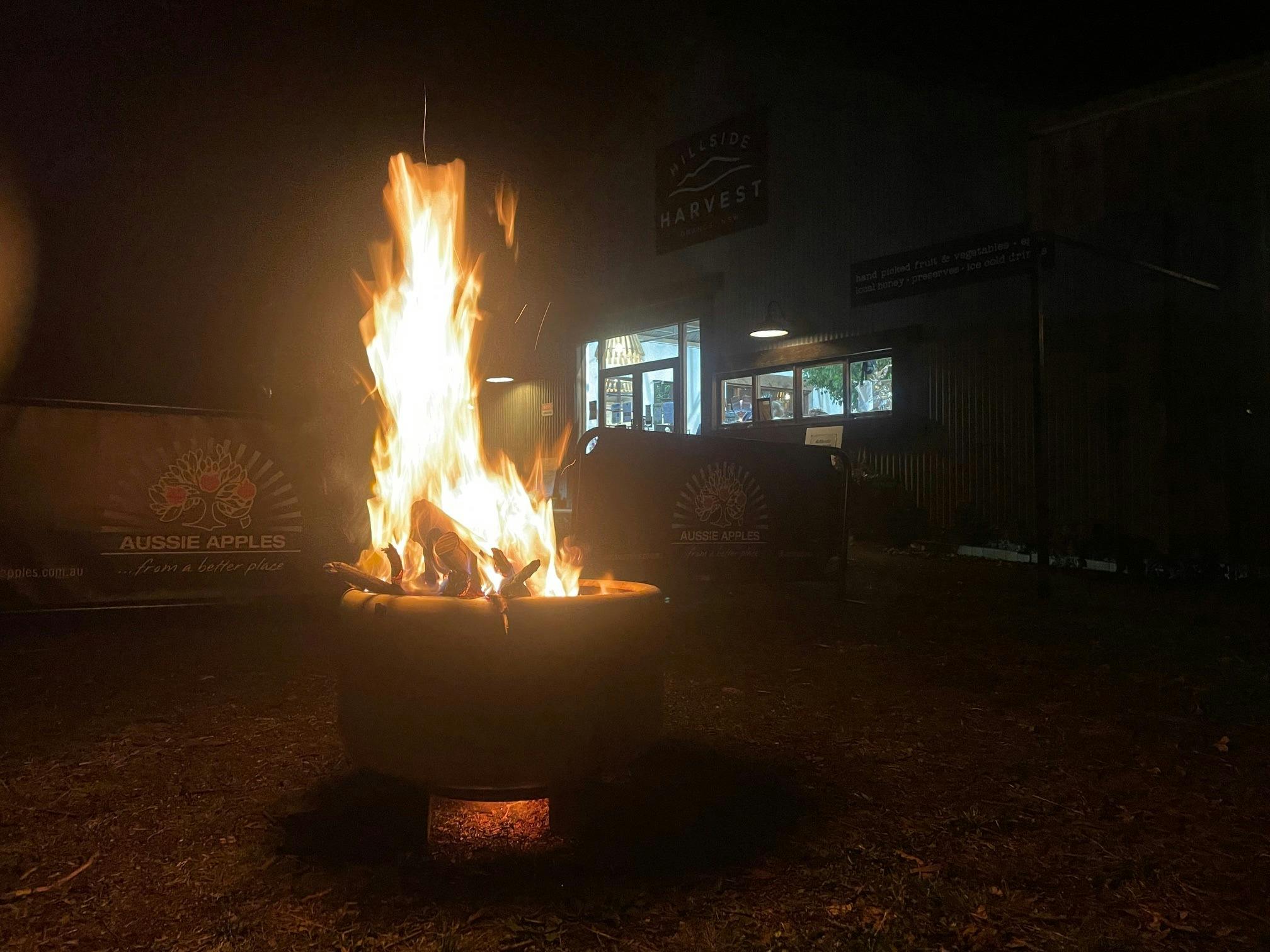 Fire Pit burning outside Hillside packing shed
