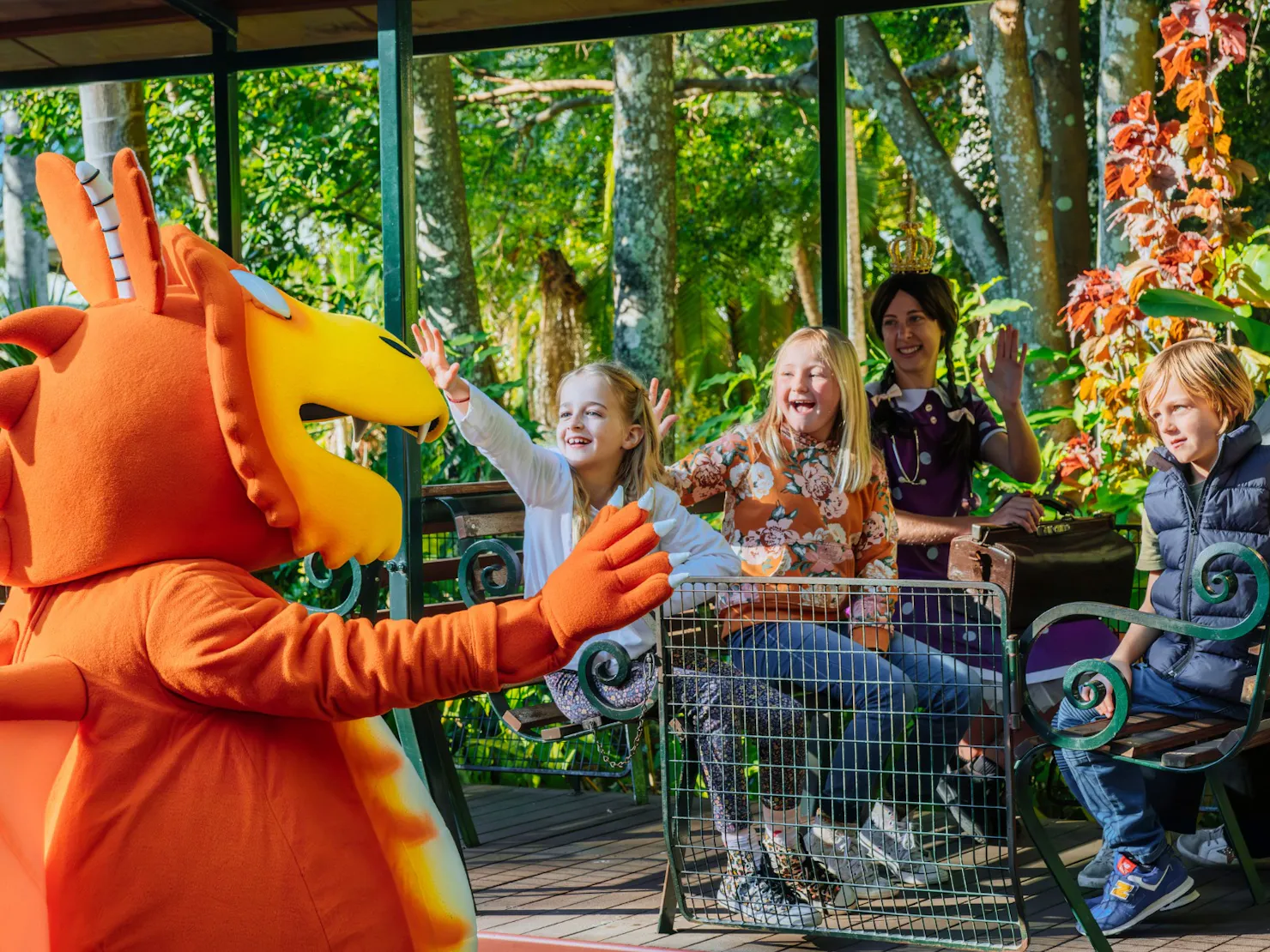 Zog waving to kids on the train at The Ginger Factory