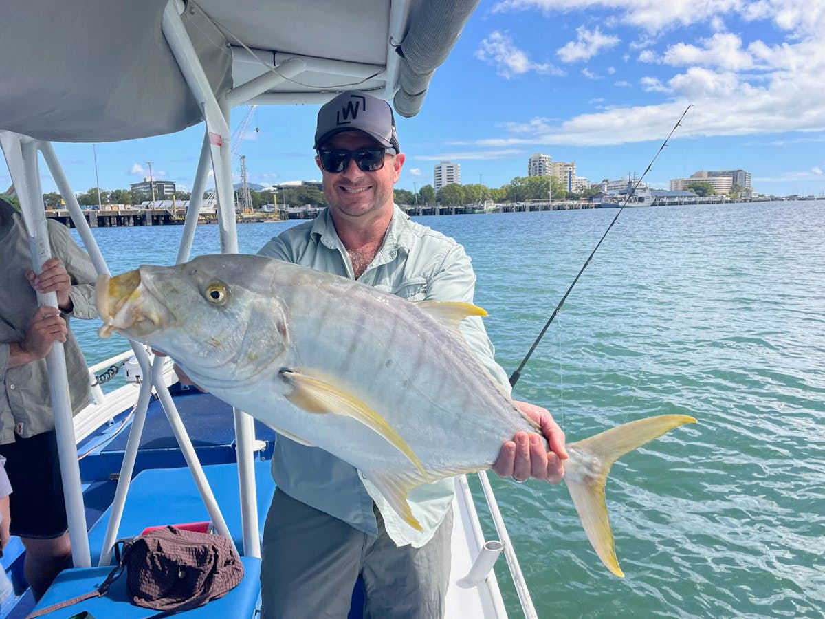 Live bait fishing in the estuary of Trinity Inlet, Cairns for Golden Trevally
