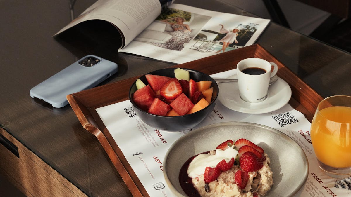 Room service tray with breakfast