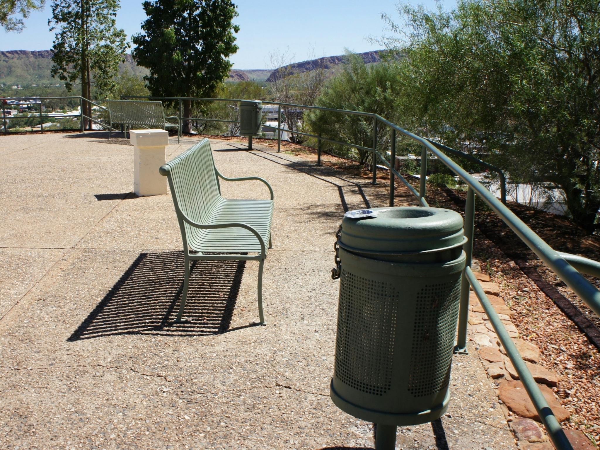 Detail of seating and bins at the Anzac Hill Memorial