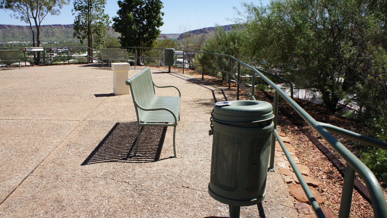 Detail of seating and bins at the Anzac Hill Memorial