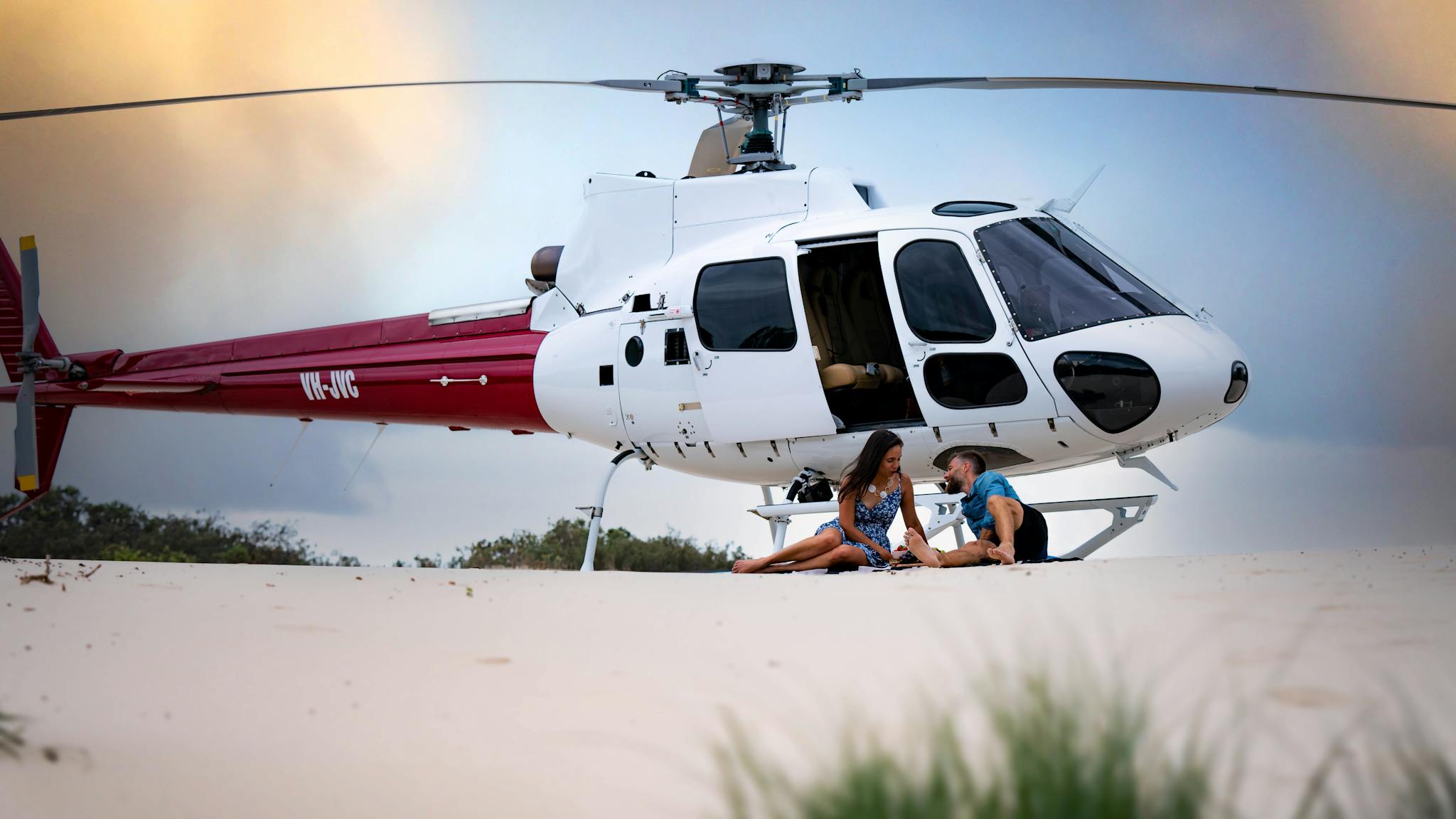 Private beach picnic with the Airbus H125 helicopter in the background Private beach picnic with the Airbus H125 helicopter in the background