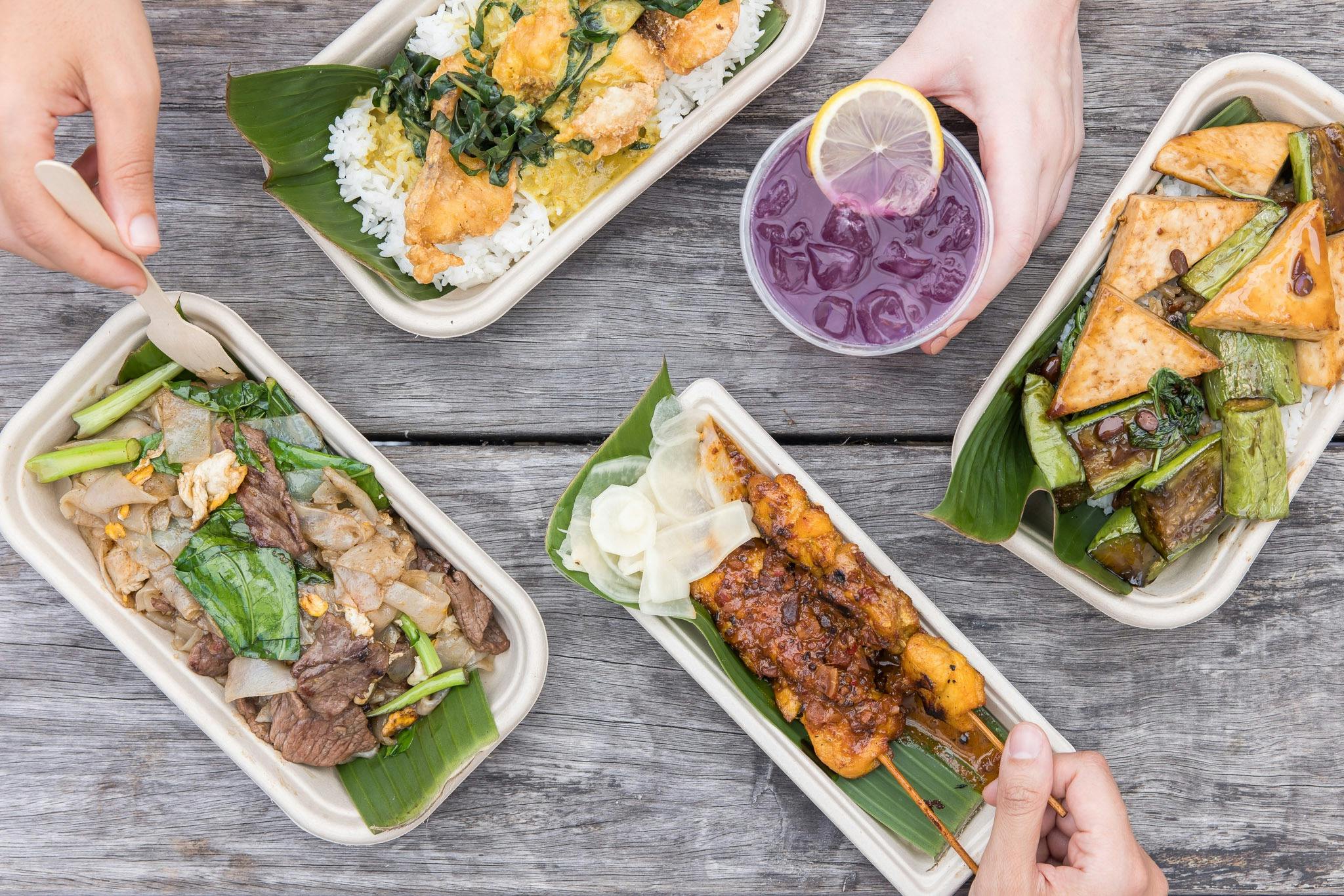 Padt Siew, Fish Green Curry, Kai Satay, Butterfly Pea with Honey Lemon, Stir Fried Eggplant Tofu