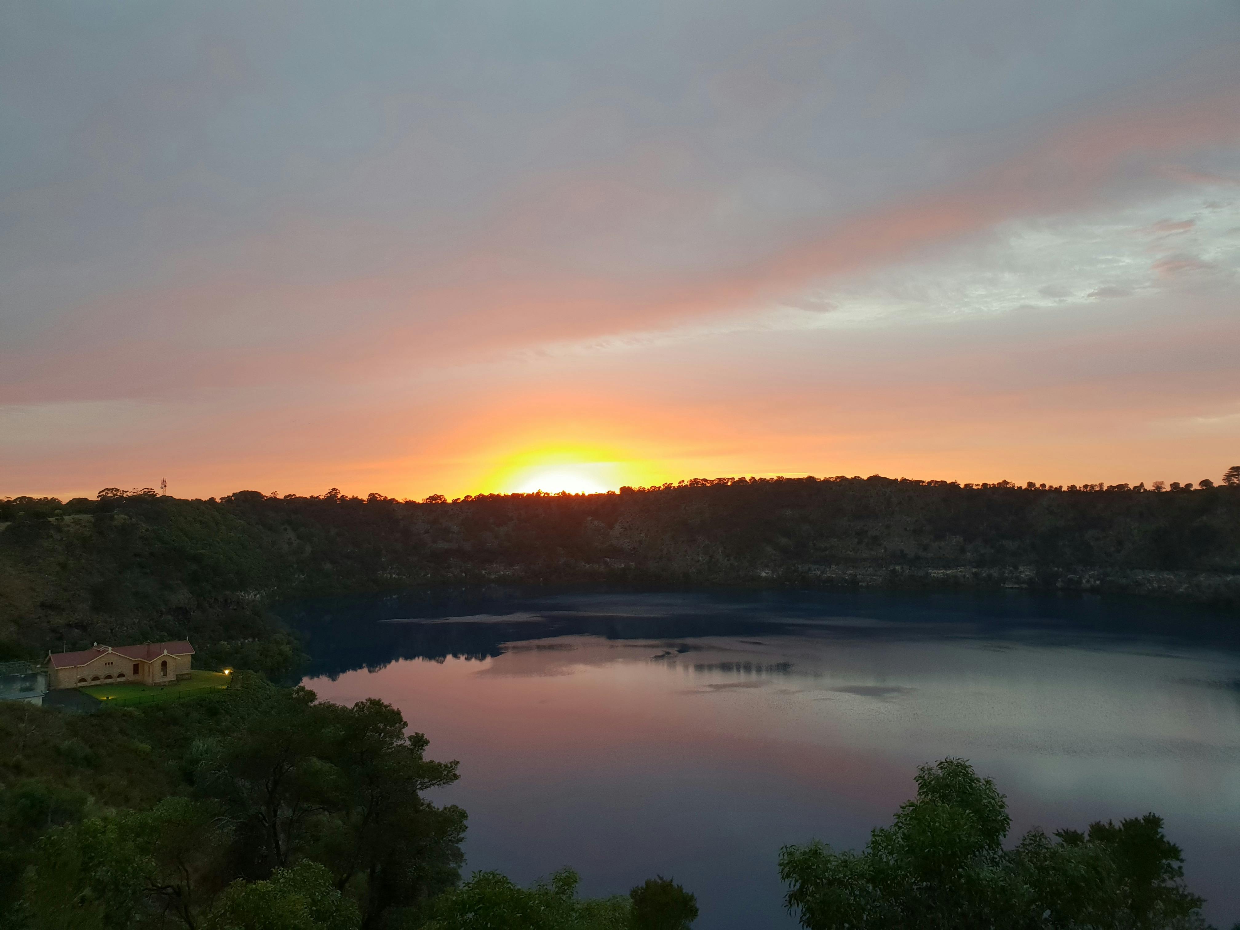 Sunrise Blue Lake Mt Gambier, sun reflection on water