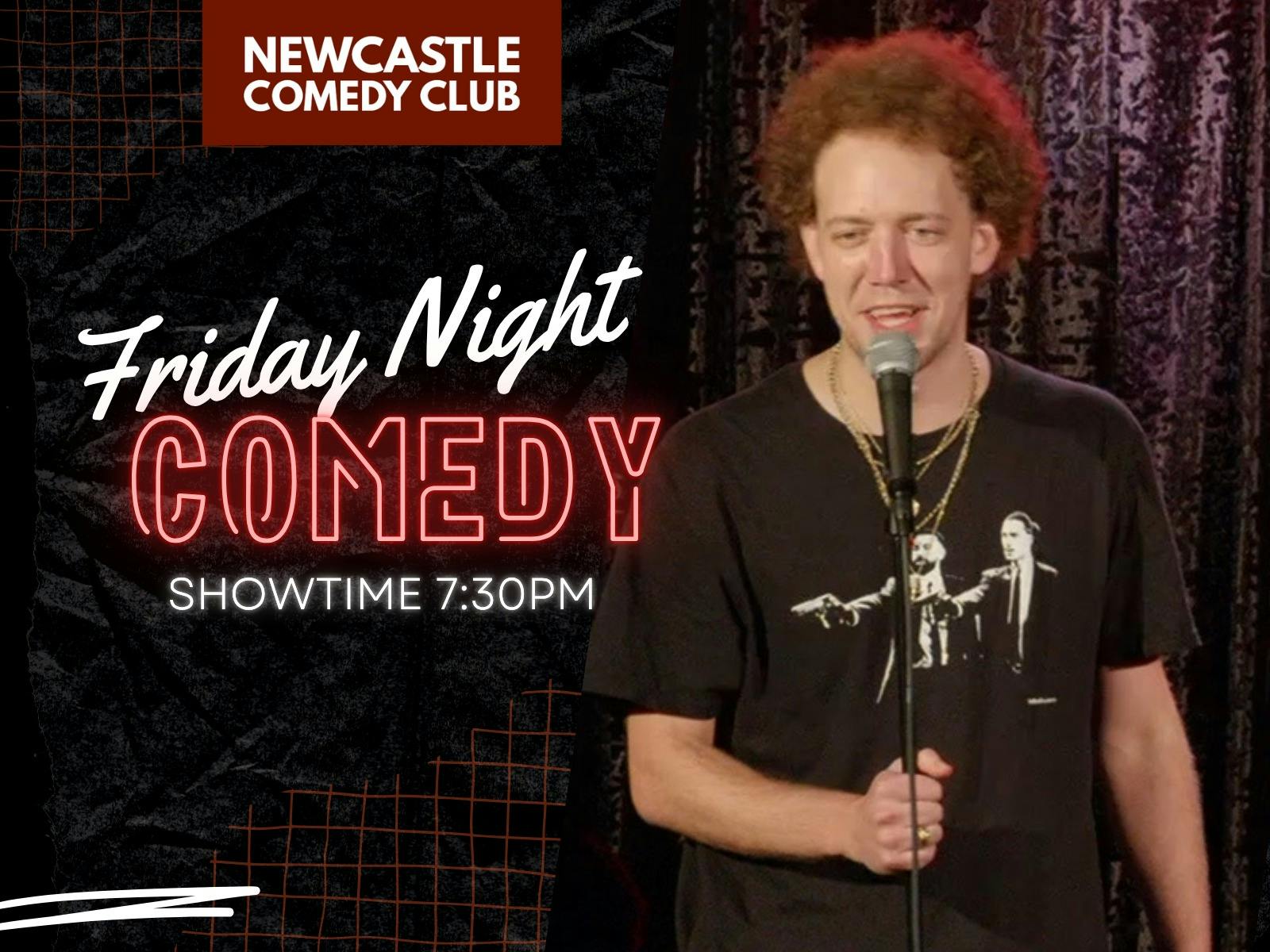 Picture of comedian on stage for friday night showcase at 7:30pm