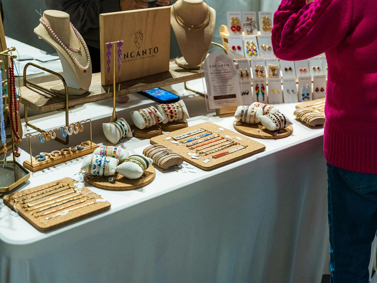 Jewellery stall Handmade jewellery displayed on a market stall at the craft exhibition.