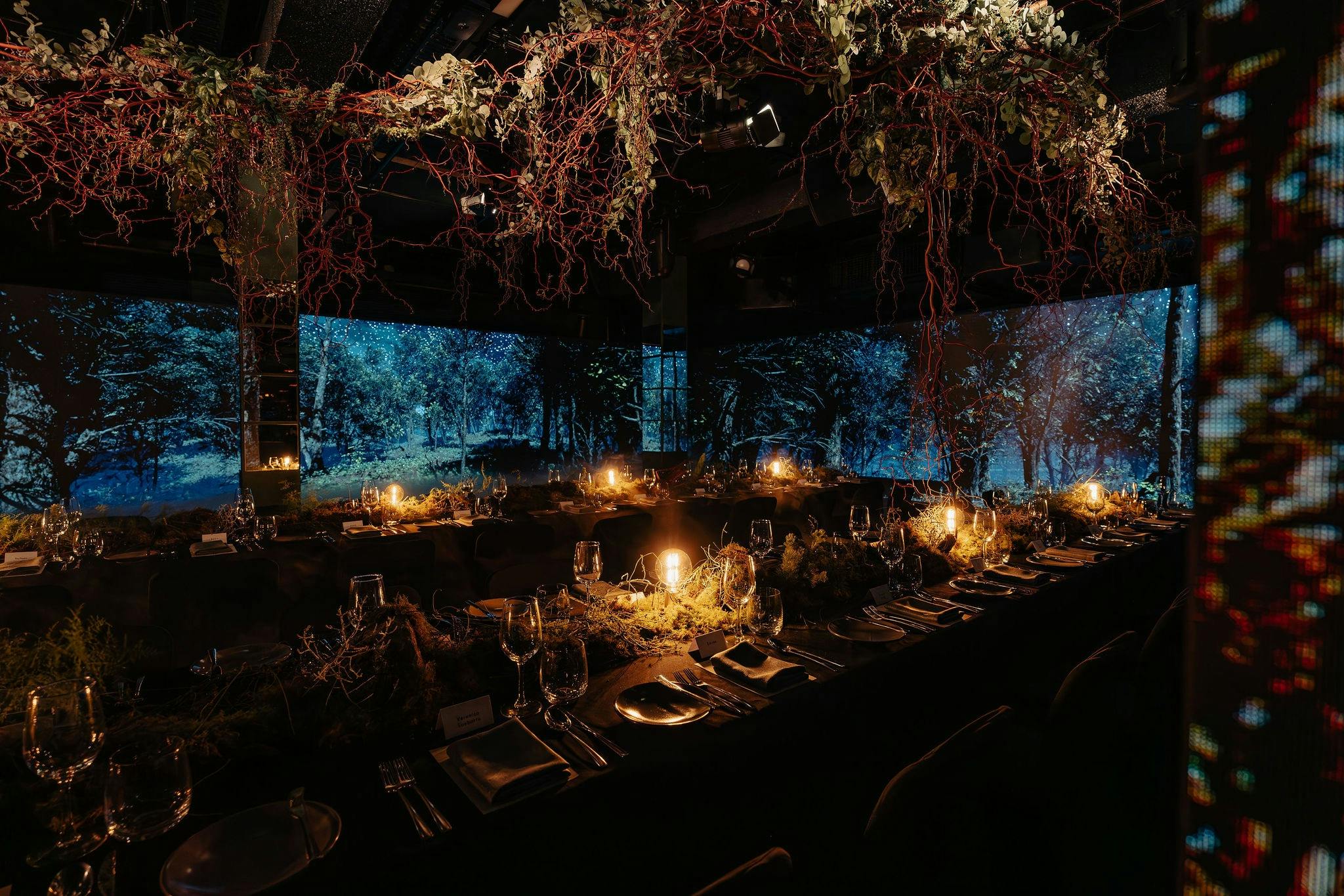 A communal dining table with forest styling and forest displayed on LED screens