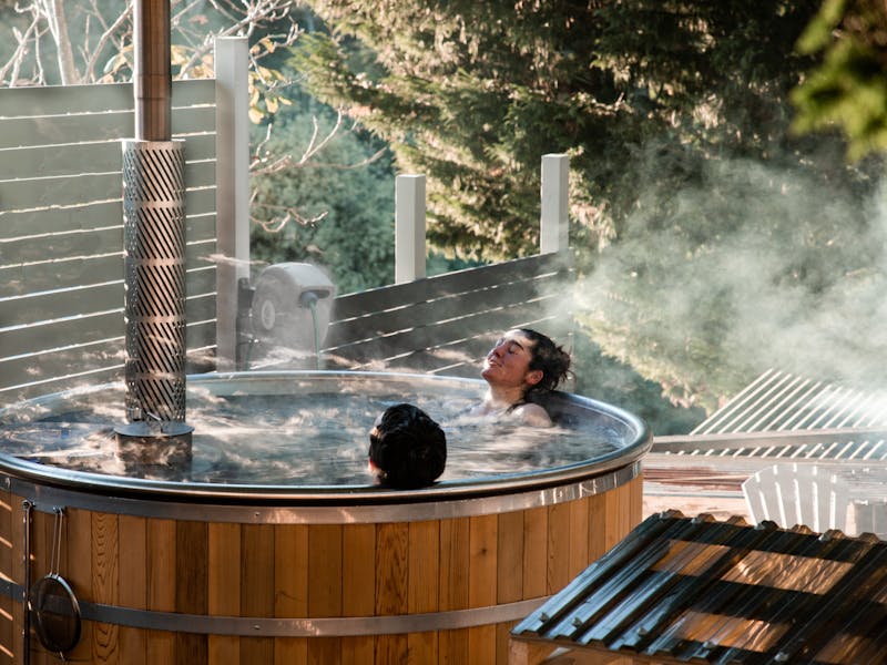 Relaxing in the wood fired hot tub