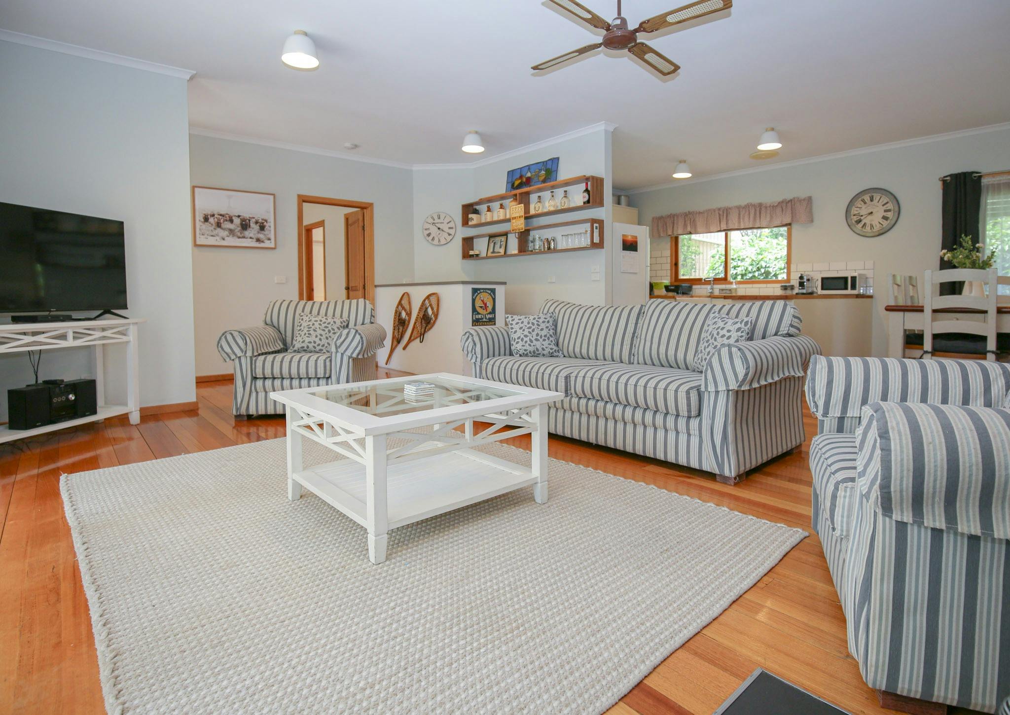 Living area, kitchen, dining at Bright Country Home - Bright Accommodation Alpine Valley Getaways