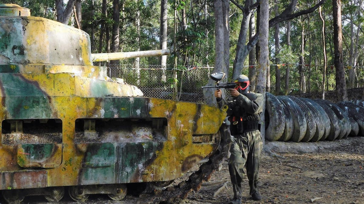 Military themed Paintball Field with tanks, choppers and forts