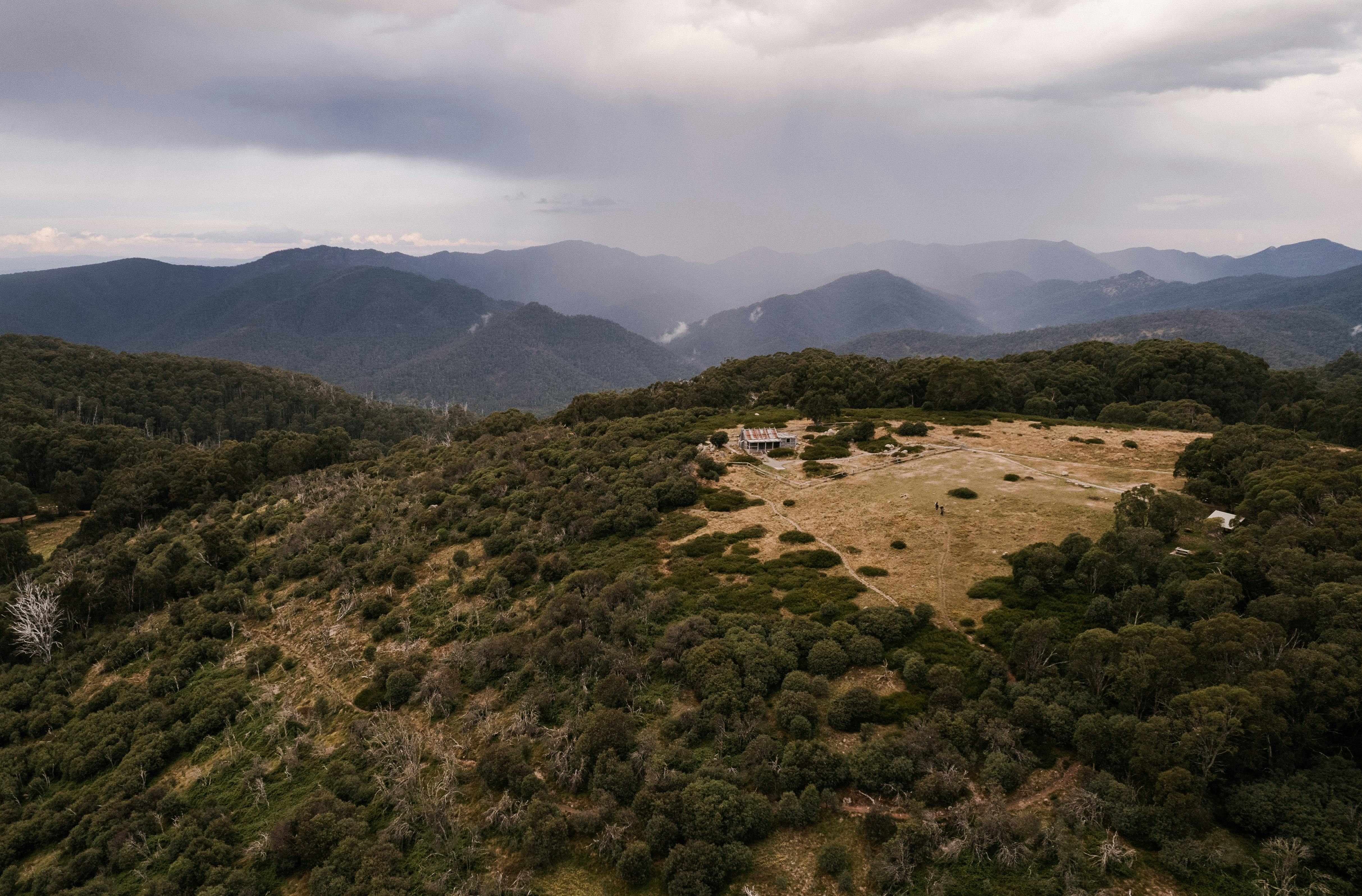 An aerial view of Craig's Hut and Clear Hills.
