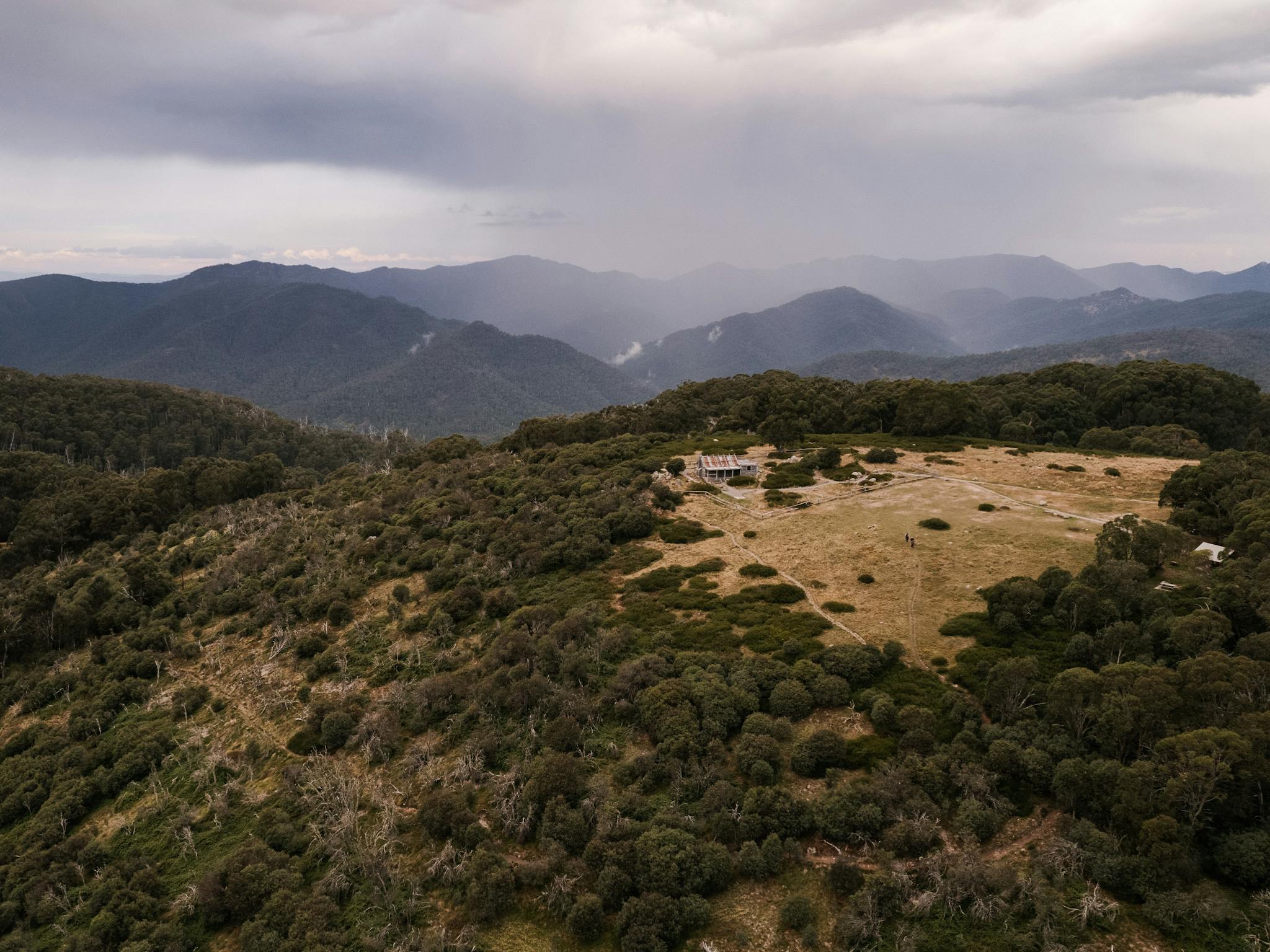An aerial view of Craig's Hut and Clear Hills.