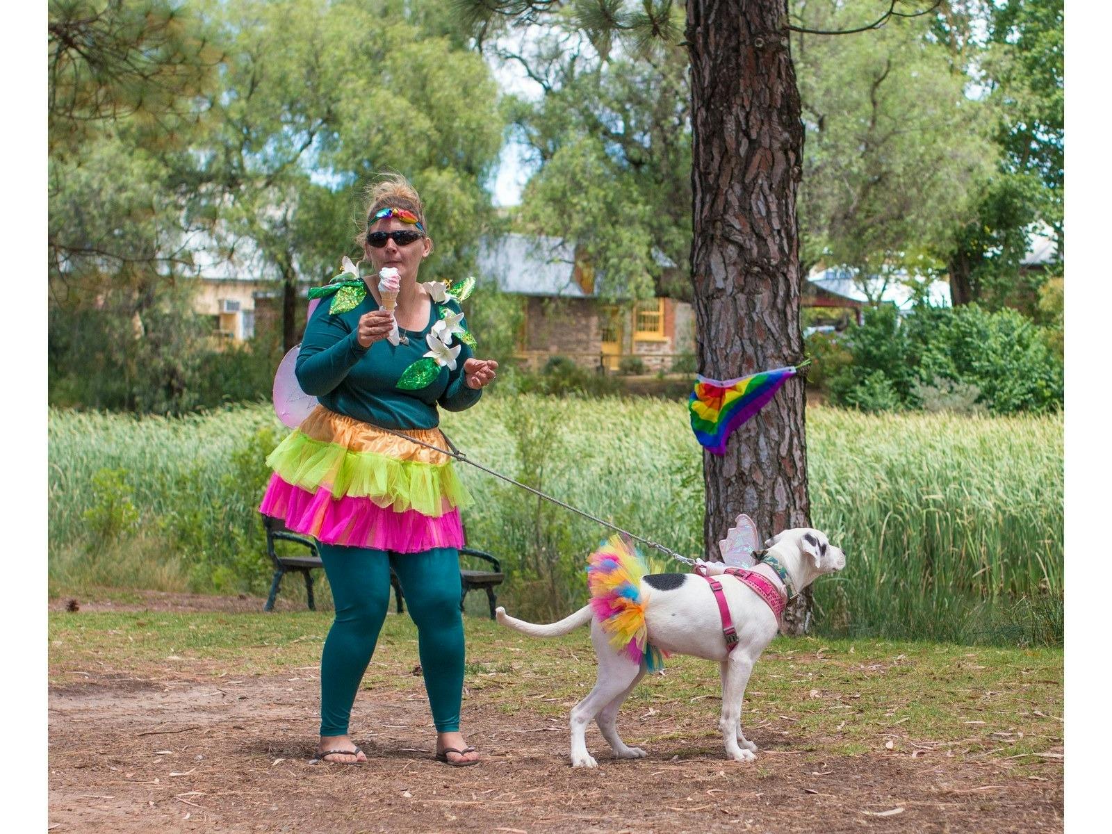 Many dog owners dress up not only their dog but themselves for the fun day.