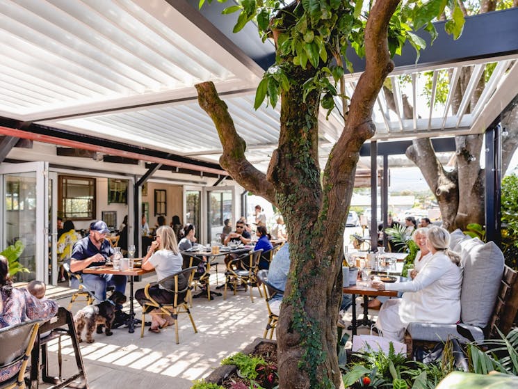 All-Weather covered outdoor dining, with vergola awning and shutters that let in the light
