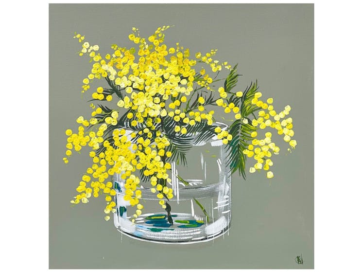 Wattle in glass jar painting on light olive green background