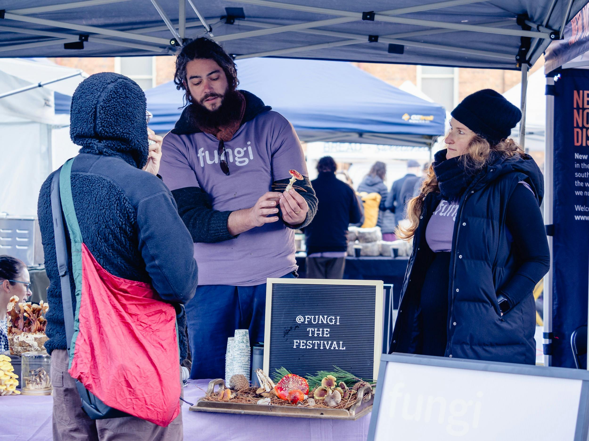 A mushroom market stall with people talking