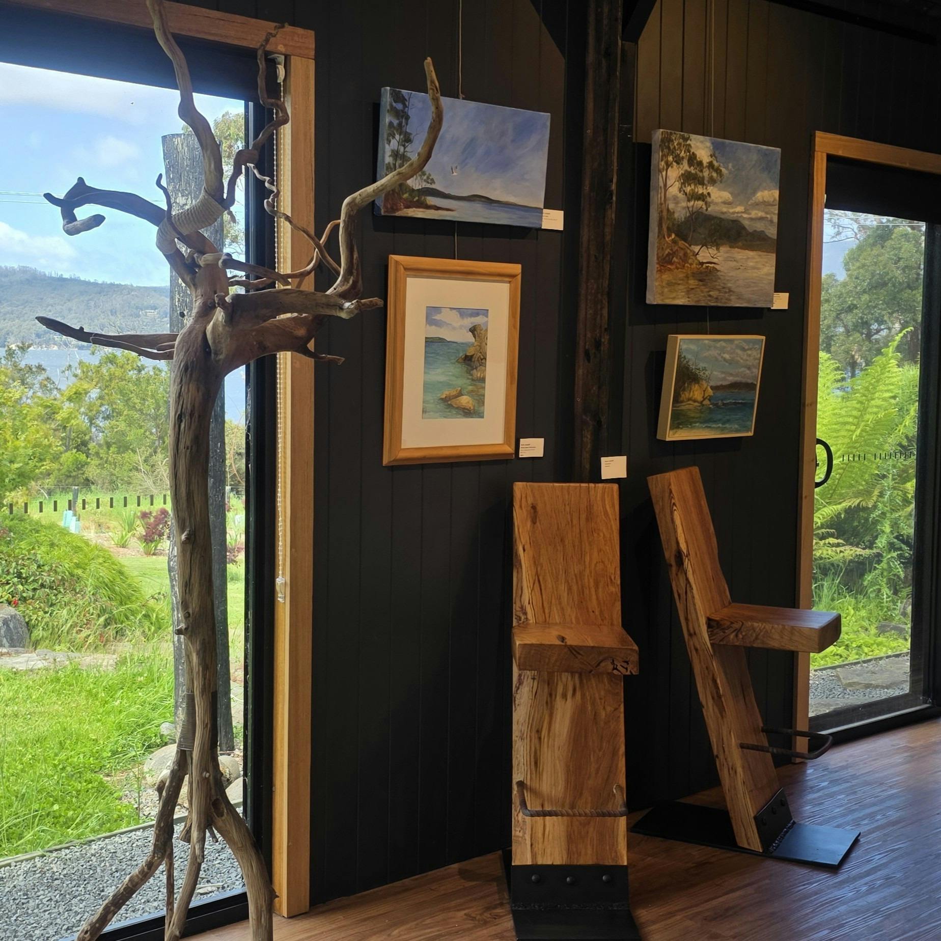 handcrafted timber furniture, watercolour and oil landscape paintings