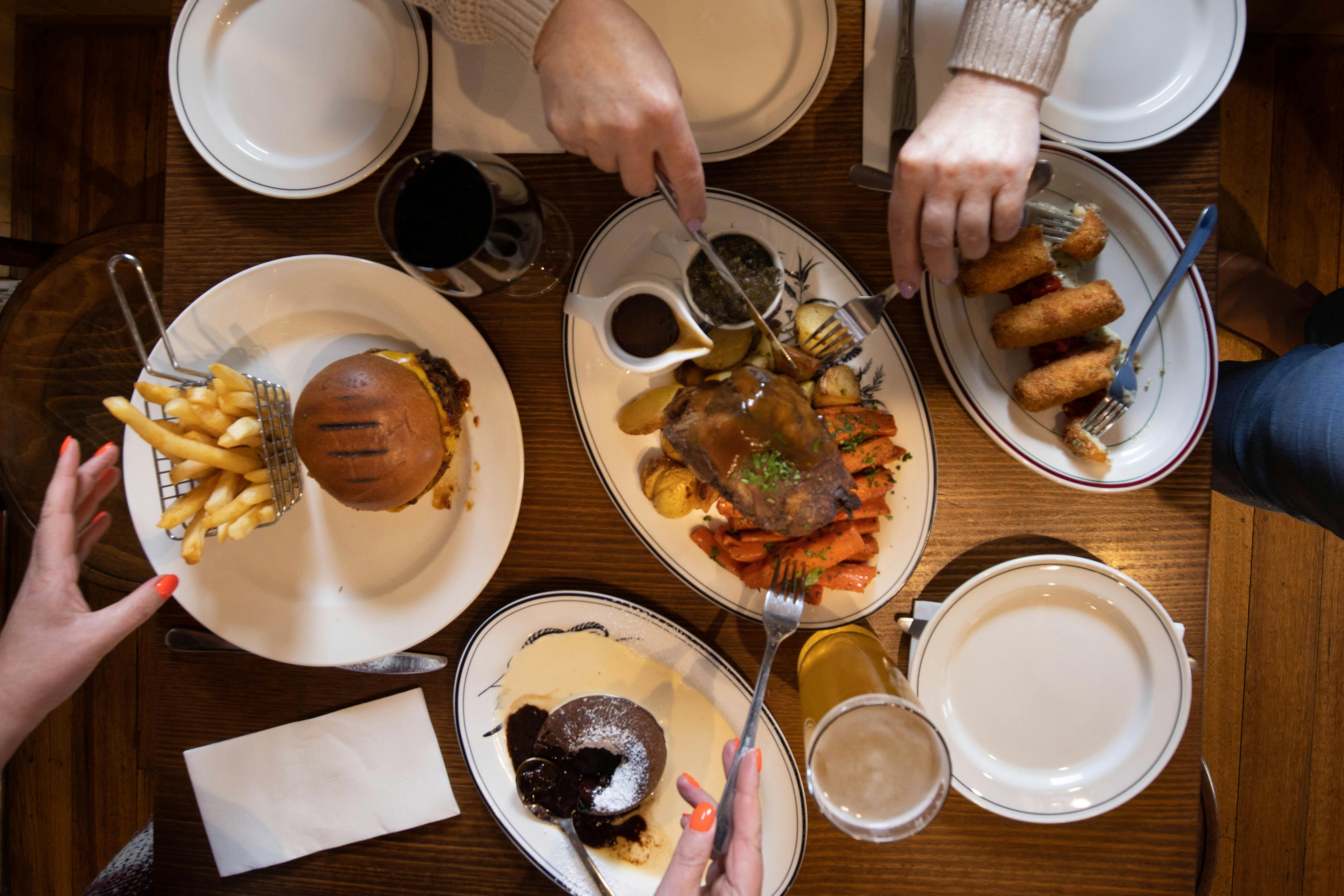 Lamb roast, cheeseburger & croquettes.