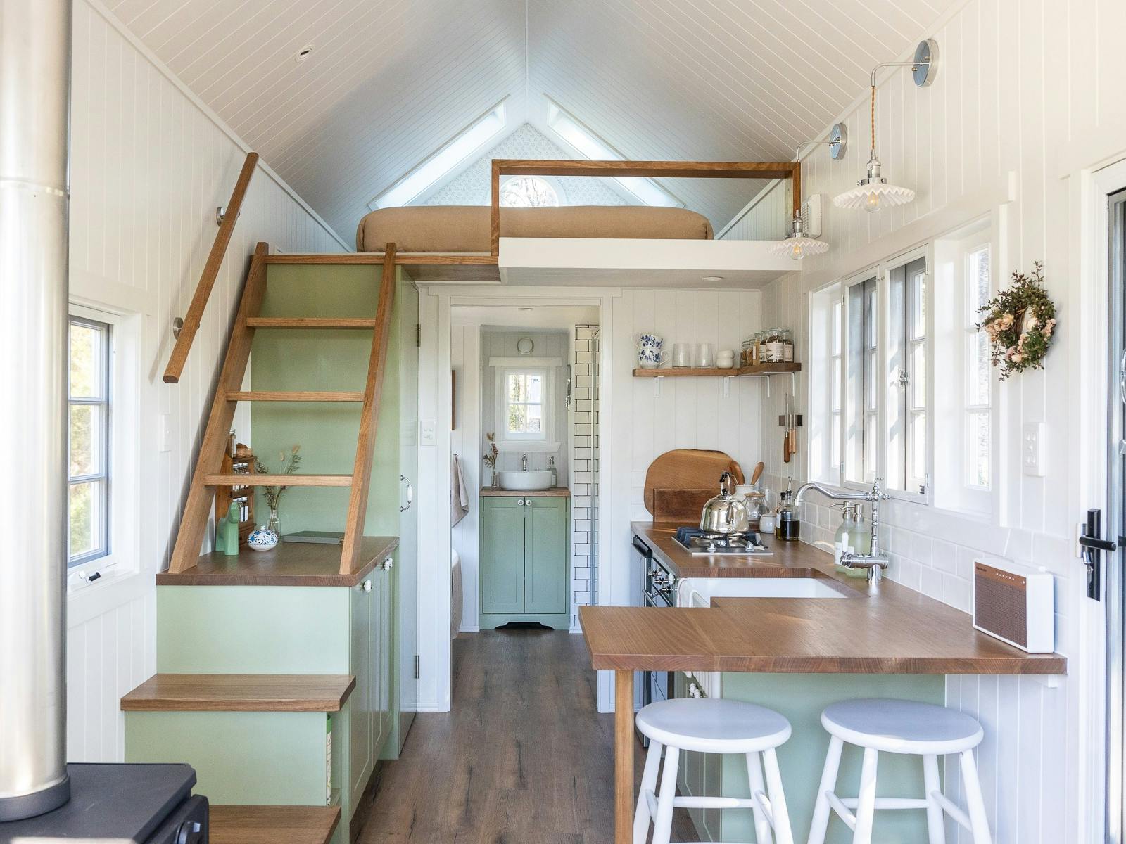 Full shot of the interior in a tiny house.