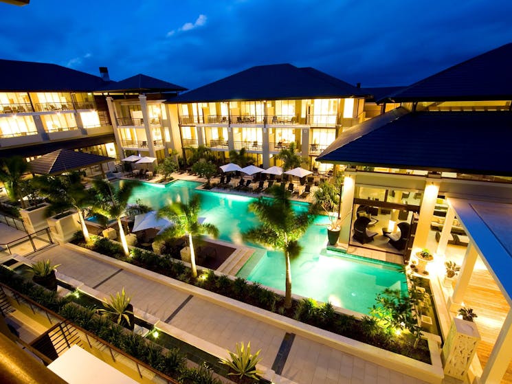 Santai Retreat main pool by night