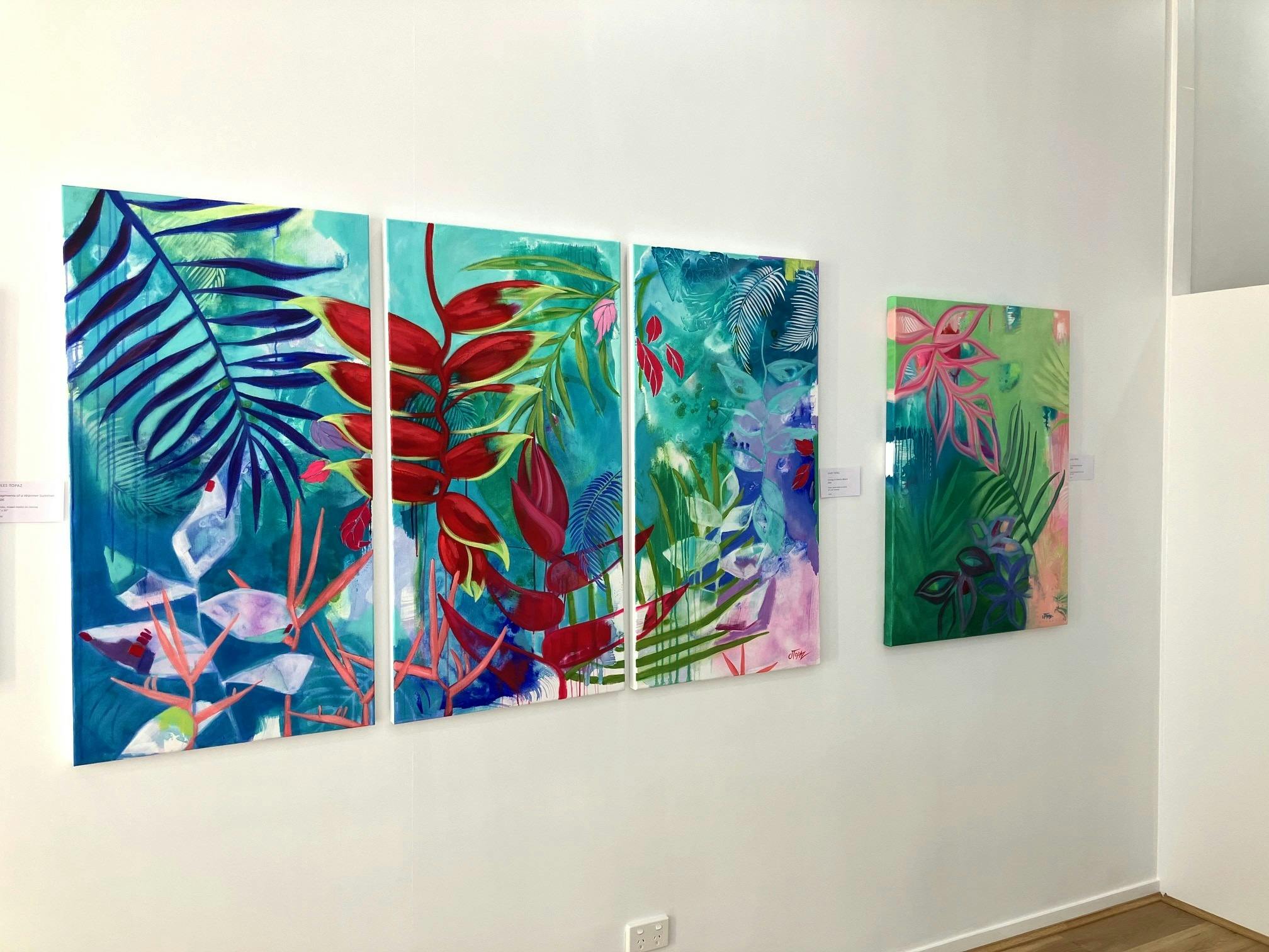 Vibrant, original, tropical abstract artwork displayed on our main gallery walls