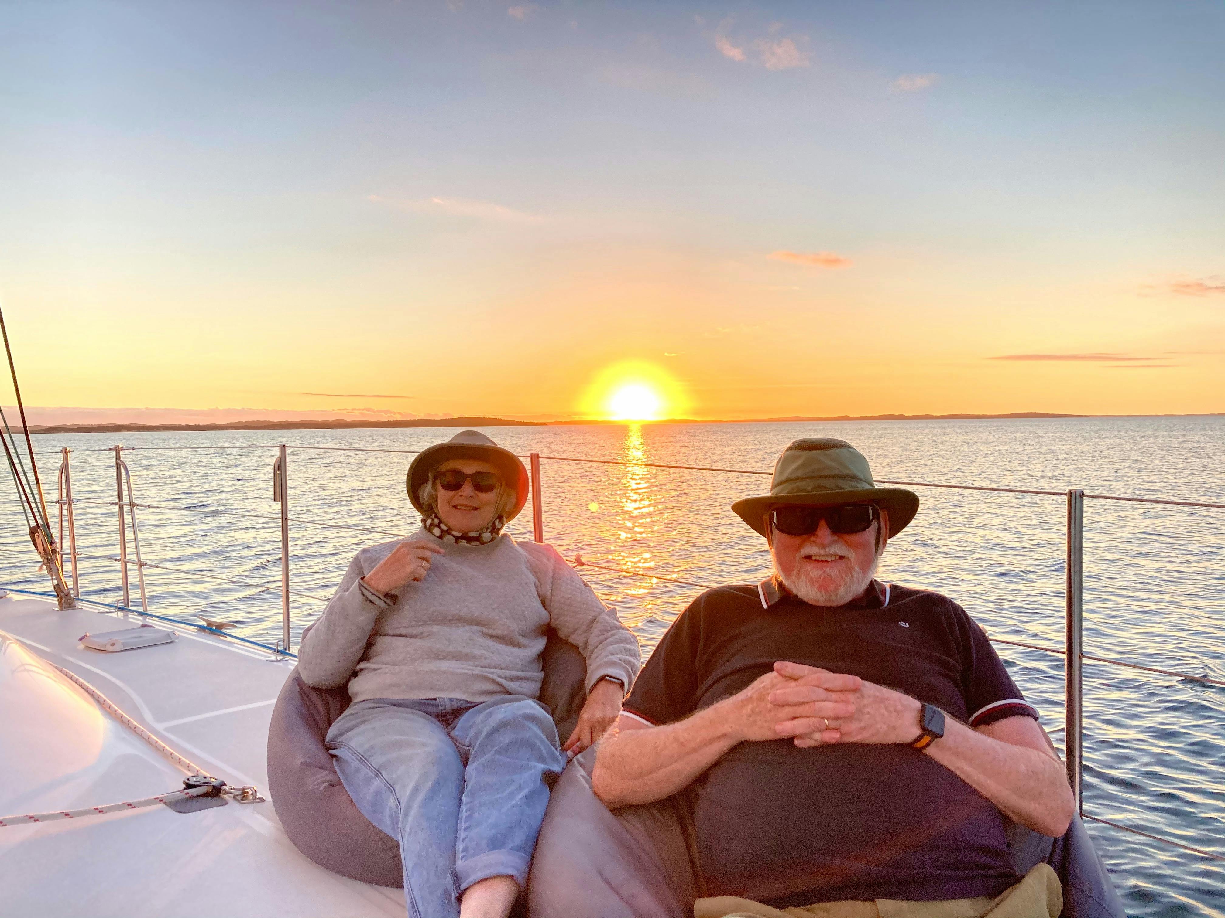 Grey nomads relaxing on a sunset yacht cruise in Coffin Bay, Eyre Peninsula