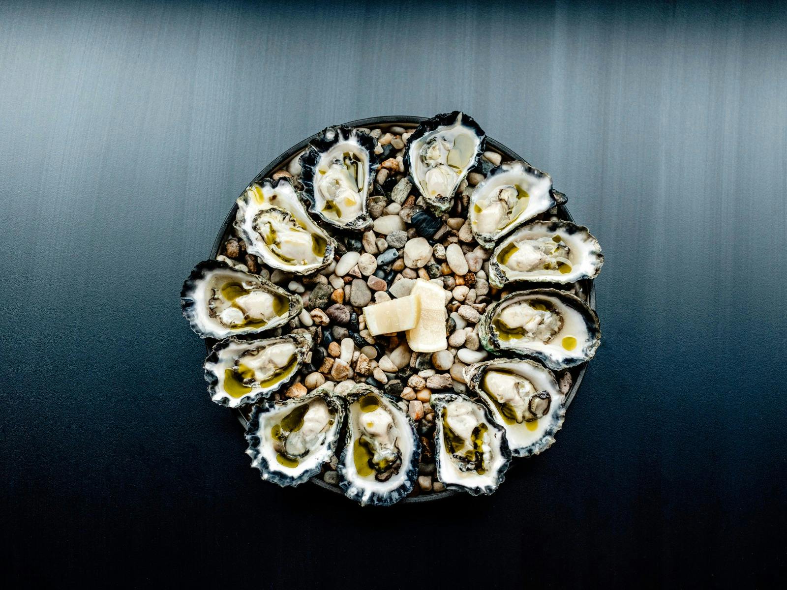 dozen shucked oysters plated