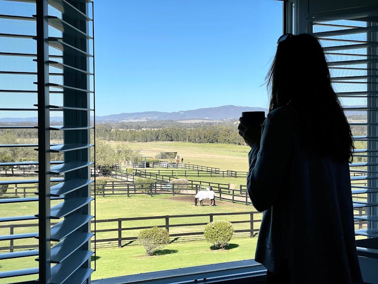 woman drinking coffee overlooking farm paddocks with horse