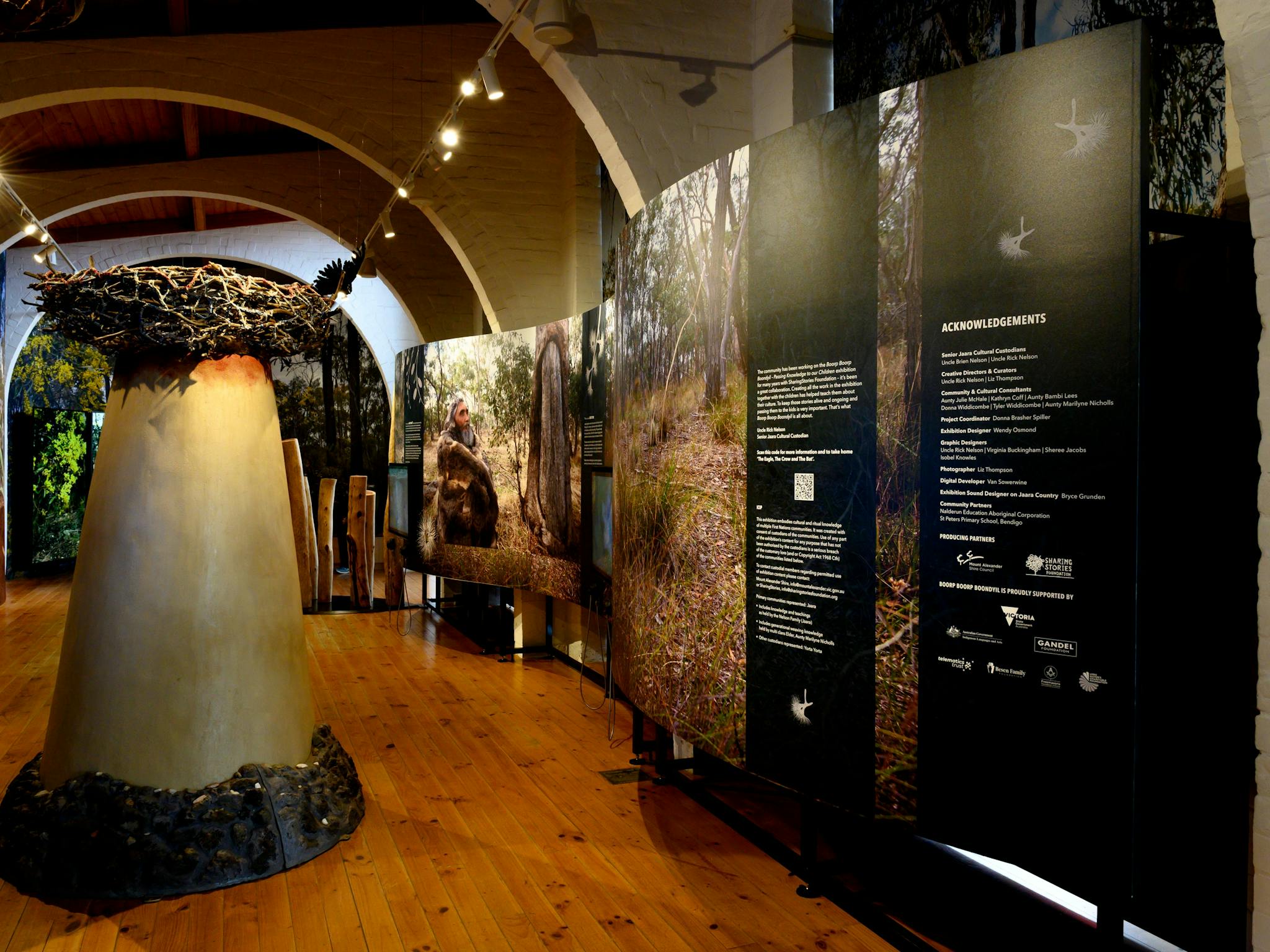 Image of exhibition showing Dja Dja Wurrung artwork and information panels