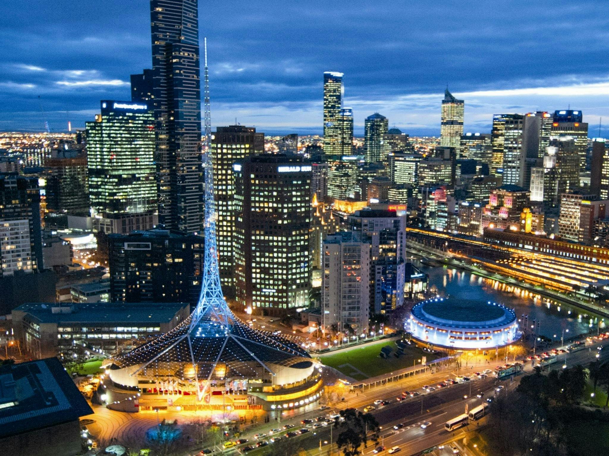 Arts Centre Melbourne external view at nighttime .