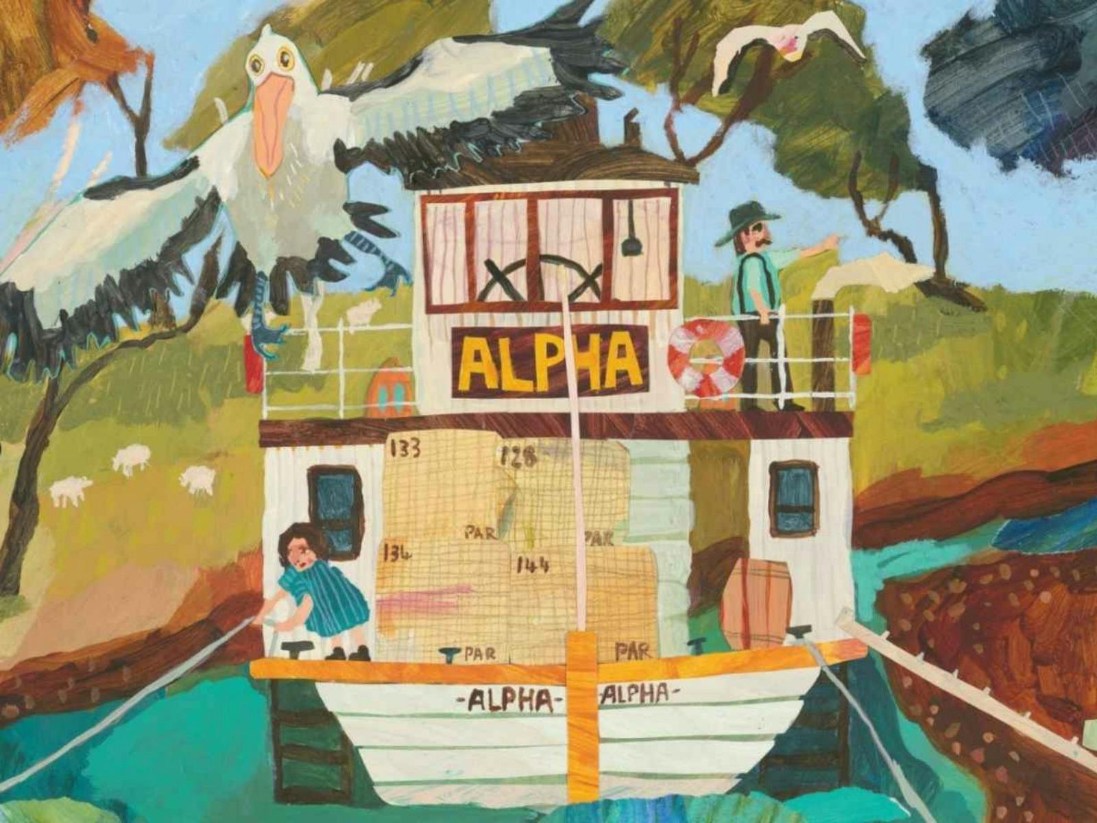 Illustration of a boat named 'ALPHA' with people and birds around.