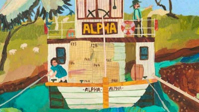 Illustration of a boat named 'ALPHA' with people and birds around.