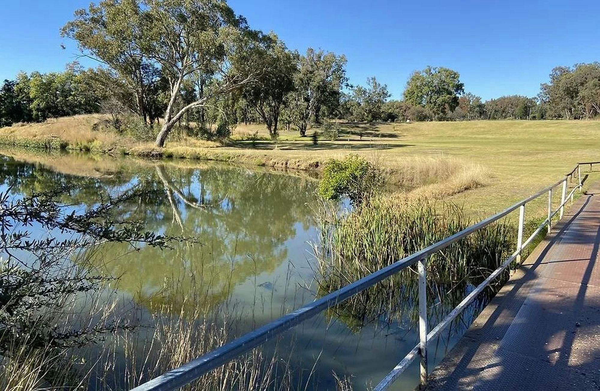 Pond on left & foot bridge on right in foreground green surrounded by trees in background foreground